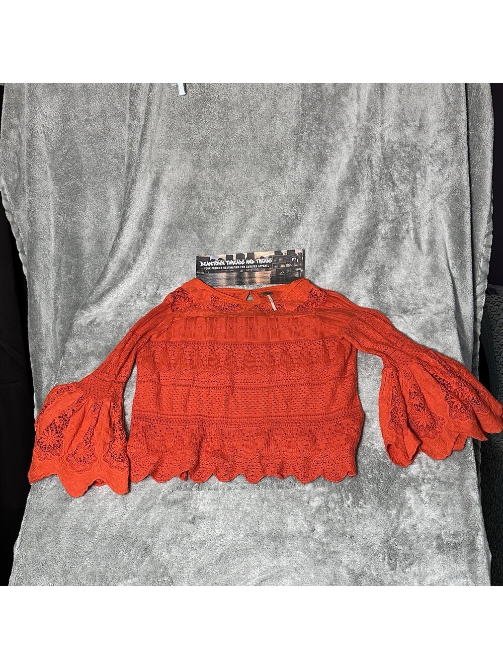 Free People Once Upon A Time Top Womens LG Orange Crochet Bell Sleeve Linen